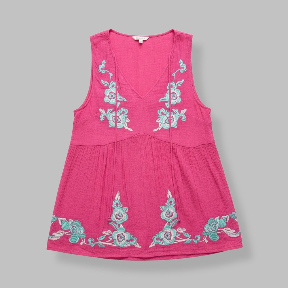 Entro Size Large Hot Pink Tank Blouse Embroidered Blue Floral Bohemian Casual